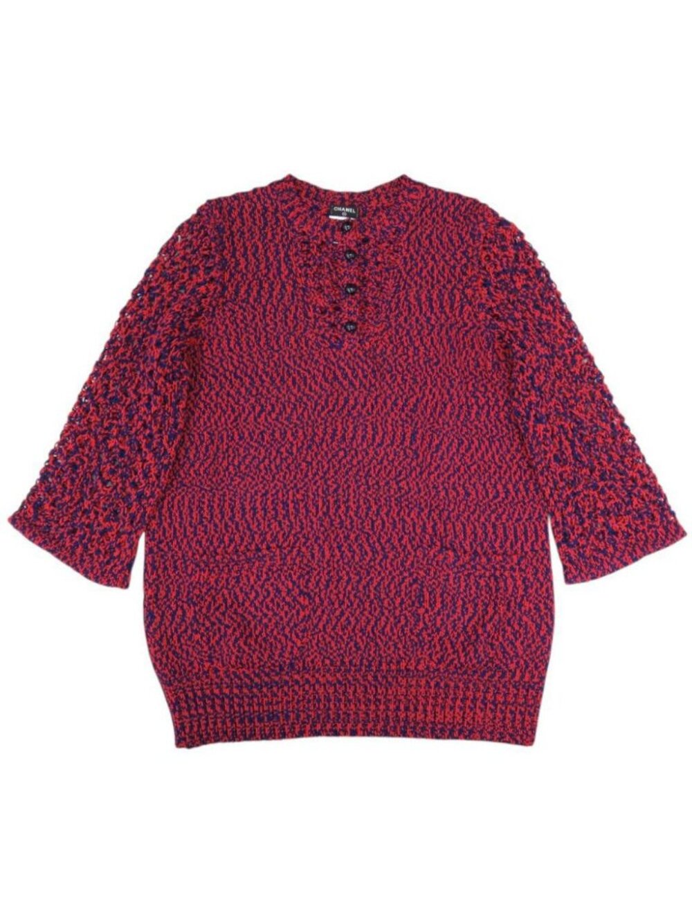 Chanel Clochette Design Knit Cotton Red Navy Sweater 44